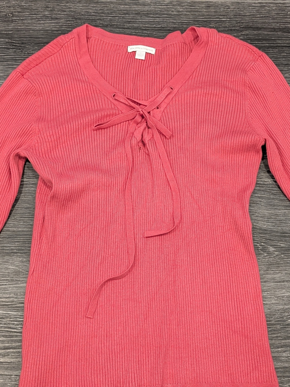 New York & Company Ribbed Lace-Up V-Neck Sweater - Pink